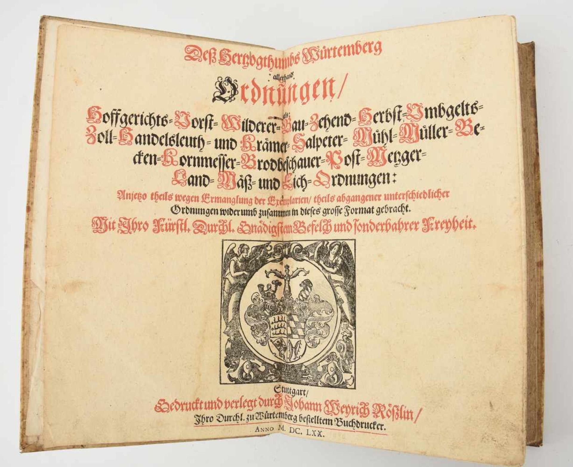 "WÜRTTEMBERGISCHE VERORDNUNGEN", in Schweinsleder gebundenes Papier, Württemberg 1670 Für Herzog " - Bild 3 aus 4