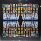 SEIDENTUCH "VARIATION NACH HUNDERTWASSER", Farbe auf Seidenstoff, hinter Glas gerahmt, 1978 "