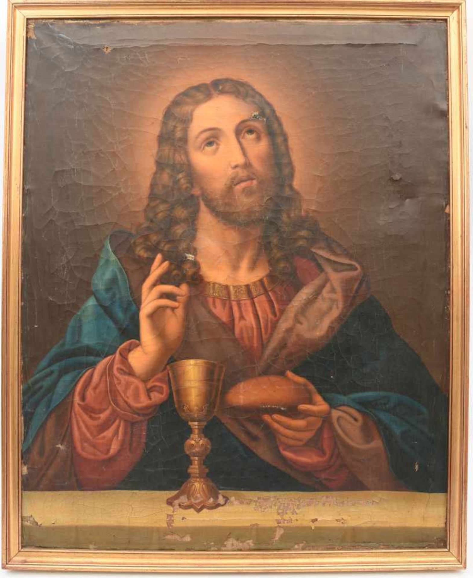 ALTARBILD "Christus, Brot und Wein segnend", Öl(druck) auf Leinwand, gerahmt, Italien um 1920