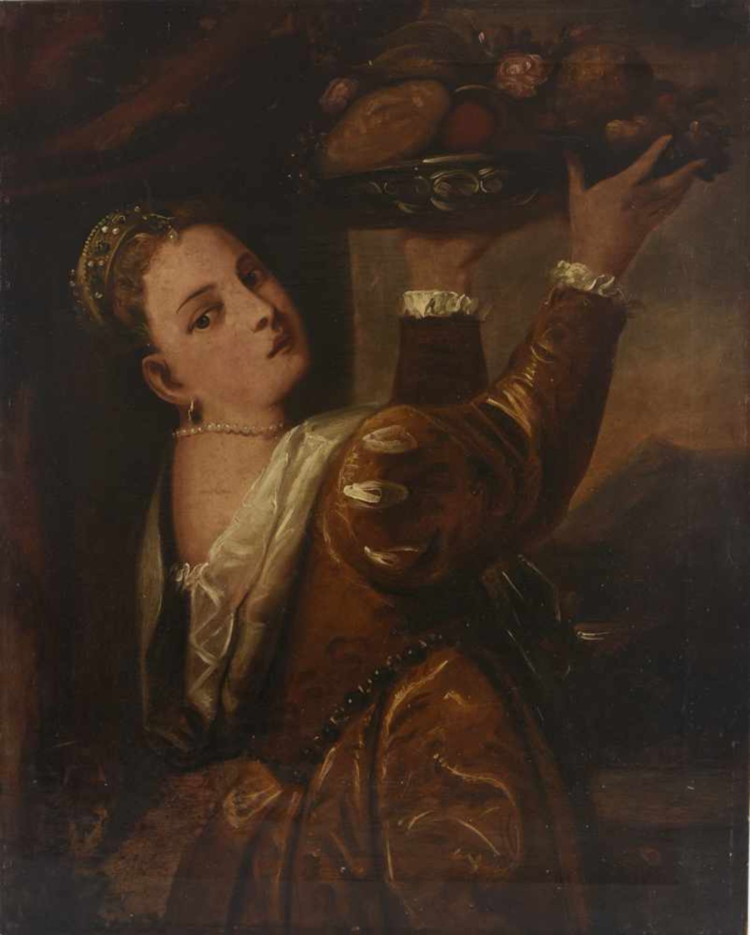 TIZIAN(O VECELLIO). Nach. "Mädchen mit Fruchtschale",Öl auf Leinwand nach Tizians Originalgemälde um