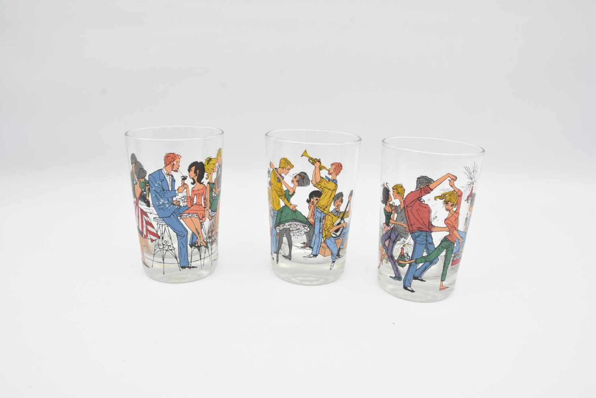 KONVOLUT LONGDRINKGLÄSER, polychrom bedrucktes Glas, um 1960 Sechs Gläser für Longdrinks oder - Bild 3 aus 4