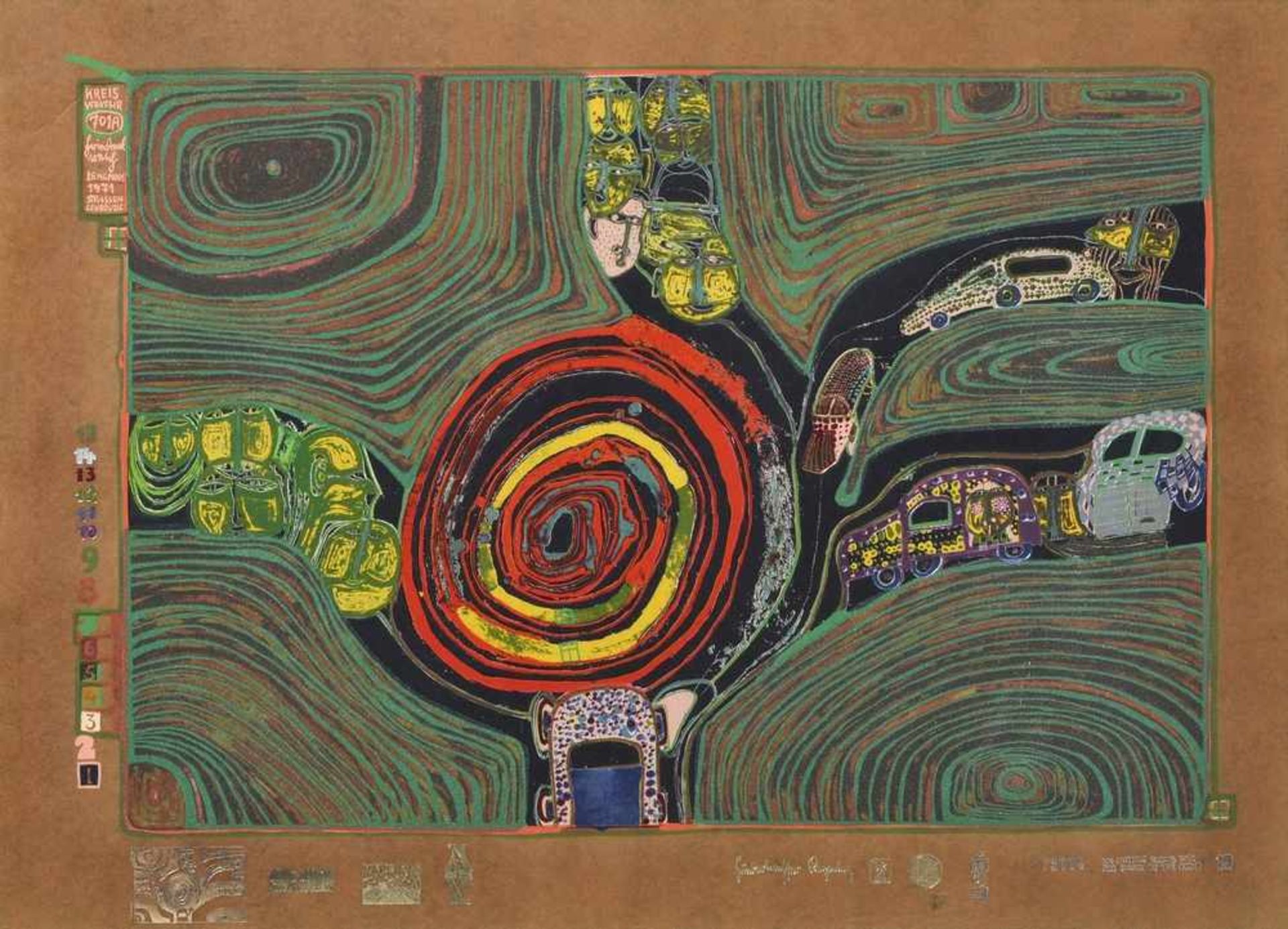 Hunderwasser, Friedensreich (1928-2000) "Kreisverkehr" aus "Regentag" Mappe, Auflage ?/3000, 47x65cm