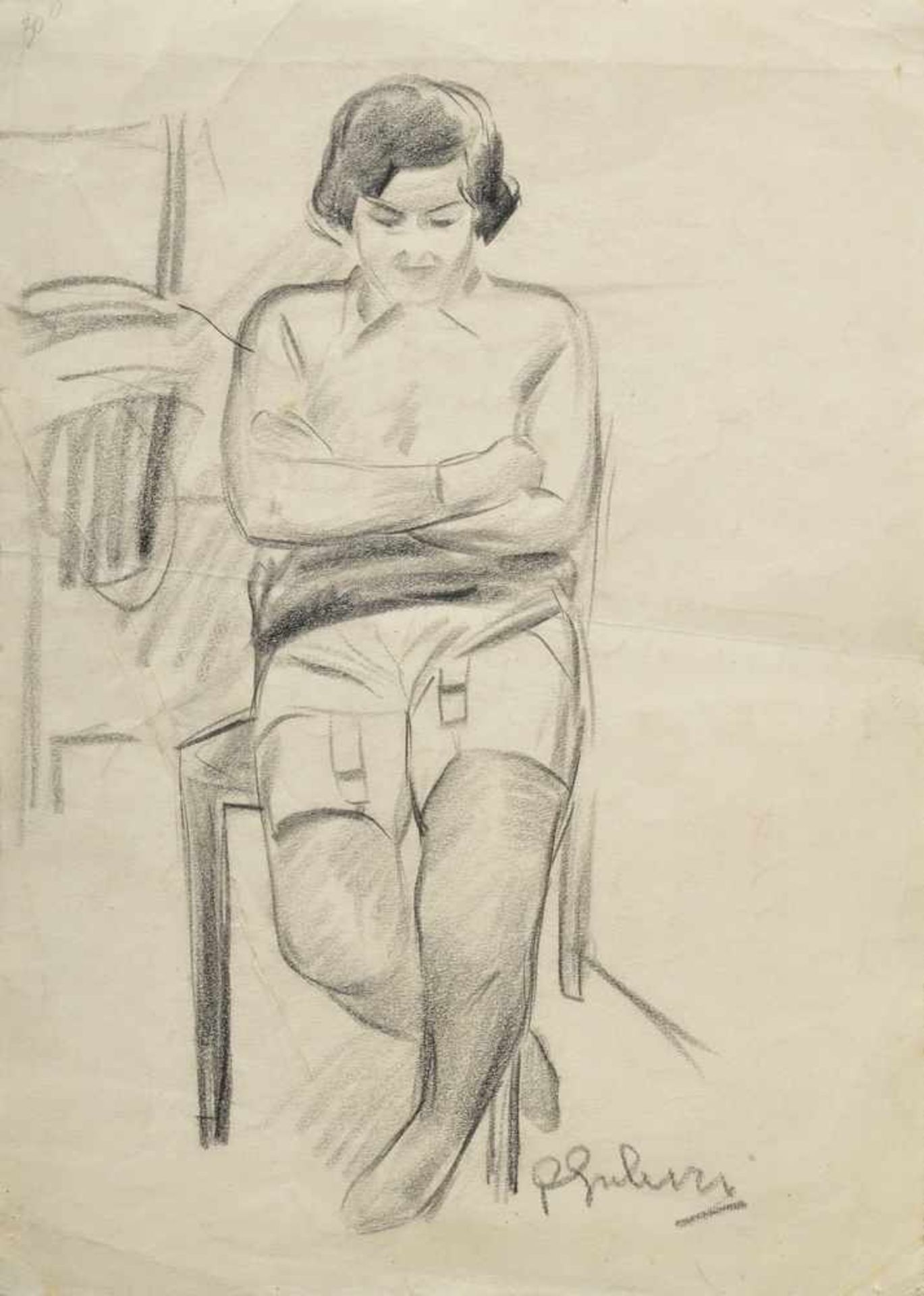 Unleserlich signiert "Sitzende Frau mit Strapsen", Kohle auf Papier, u.r. sign., 31,5x22cm (m.R.
