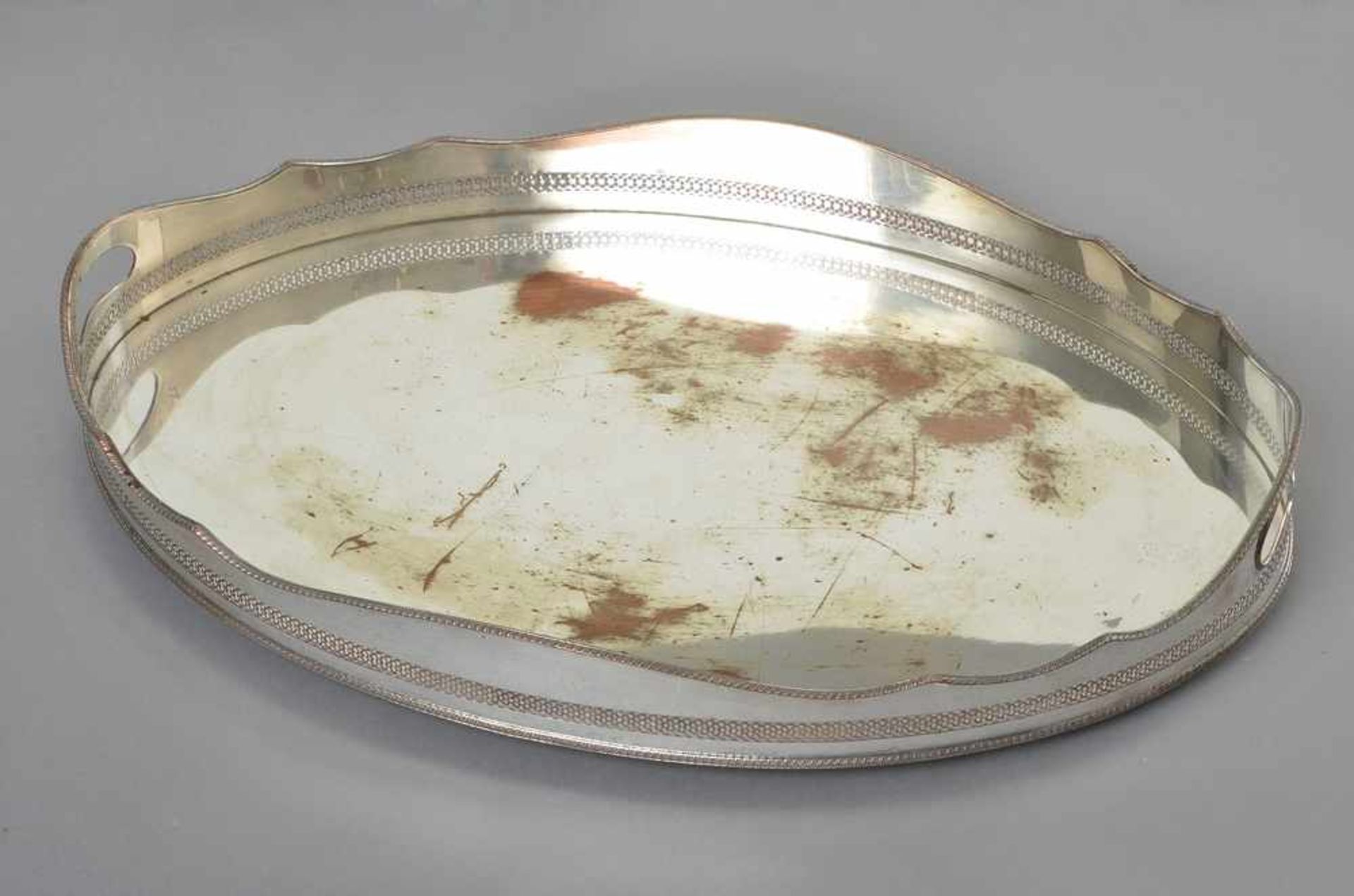 Ovales Tablett mit durchbrochenem Rand, Copper plated, England Ende 19.Jh., 61x41,5cm, berieben