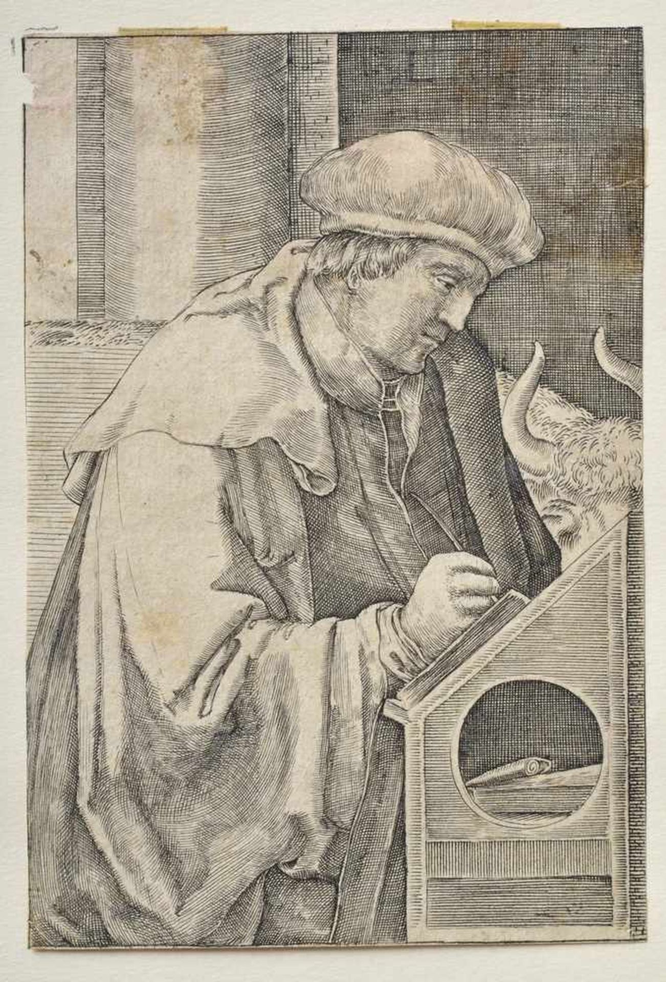 Leyden, Lucas von (1494-1533) "Der Evangelist Lucas", Radierung, 11,5x7,5cm, o.l. beschädigt/