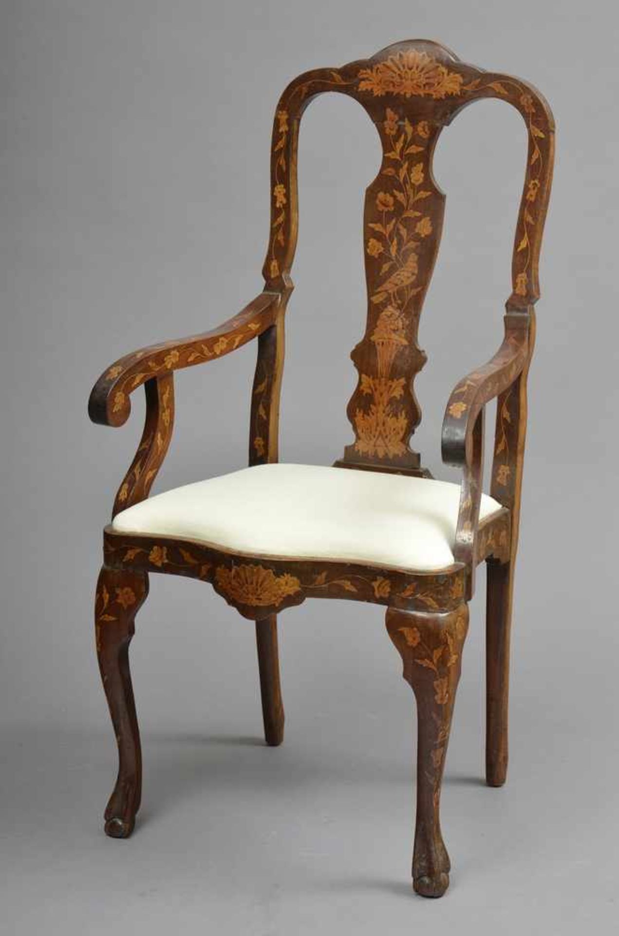 2 Holländische Stühle, Mahagoni mit floralen Intarsien aus Wurzelholz, 19.Jh., H. 115/50cm
