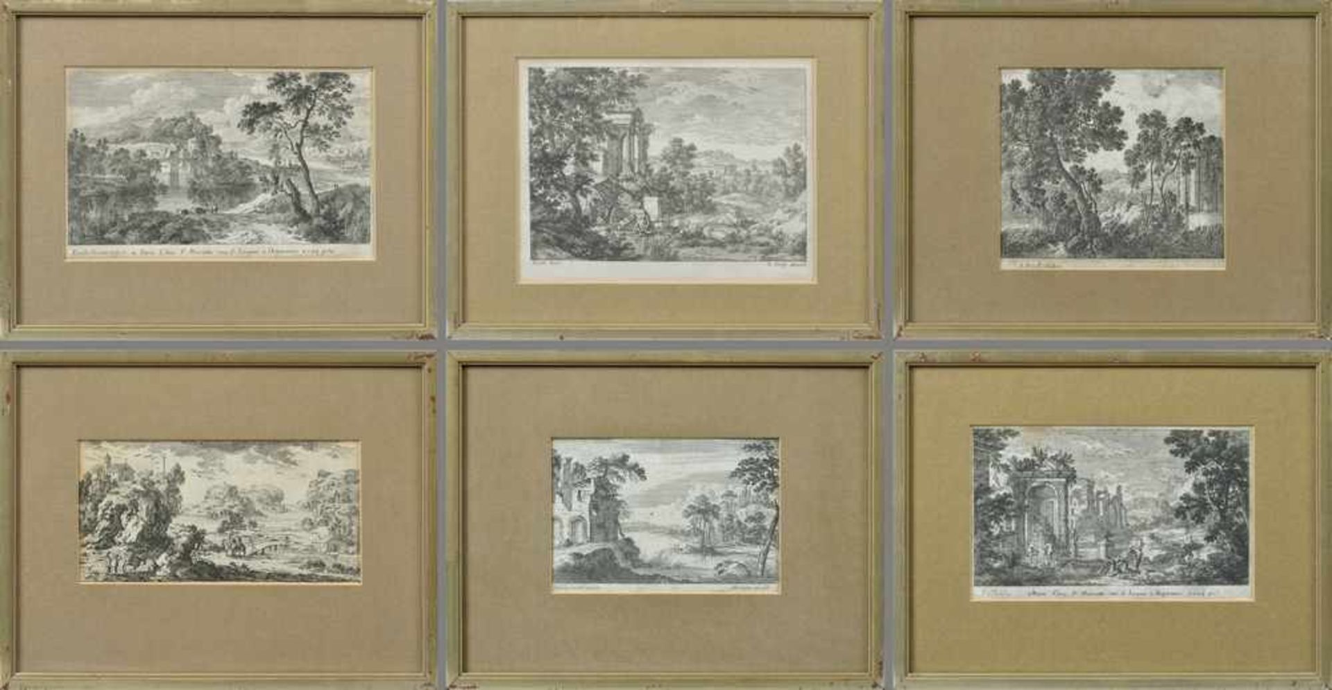 6 Diverse Perelle, Gabriel (1607-1677) "Arkadische Landschaften", Radierungen, m.R. 20x27cm, z.T.