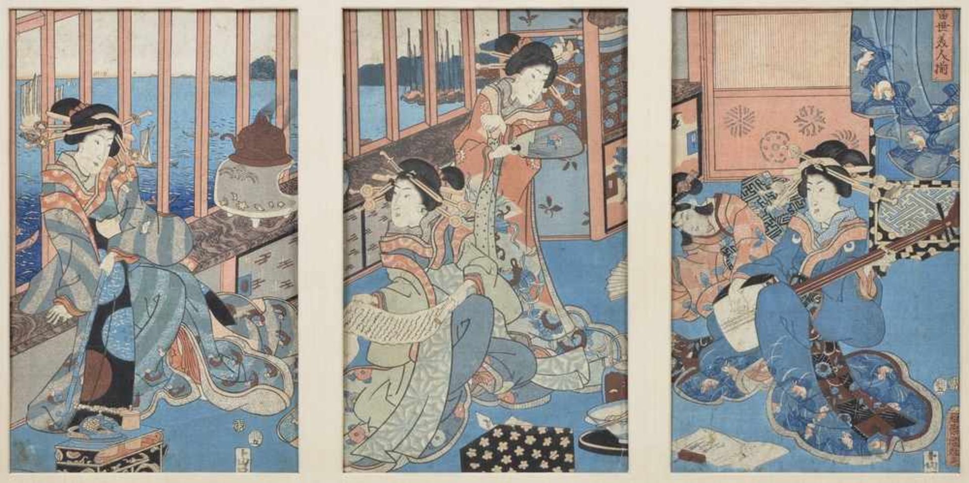 Ichi Yusai Kuniteru (1840-60) Tryptichon "Musizierende Damen", um 1853-57, Farbholzschnitt, 33x20,