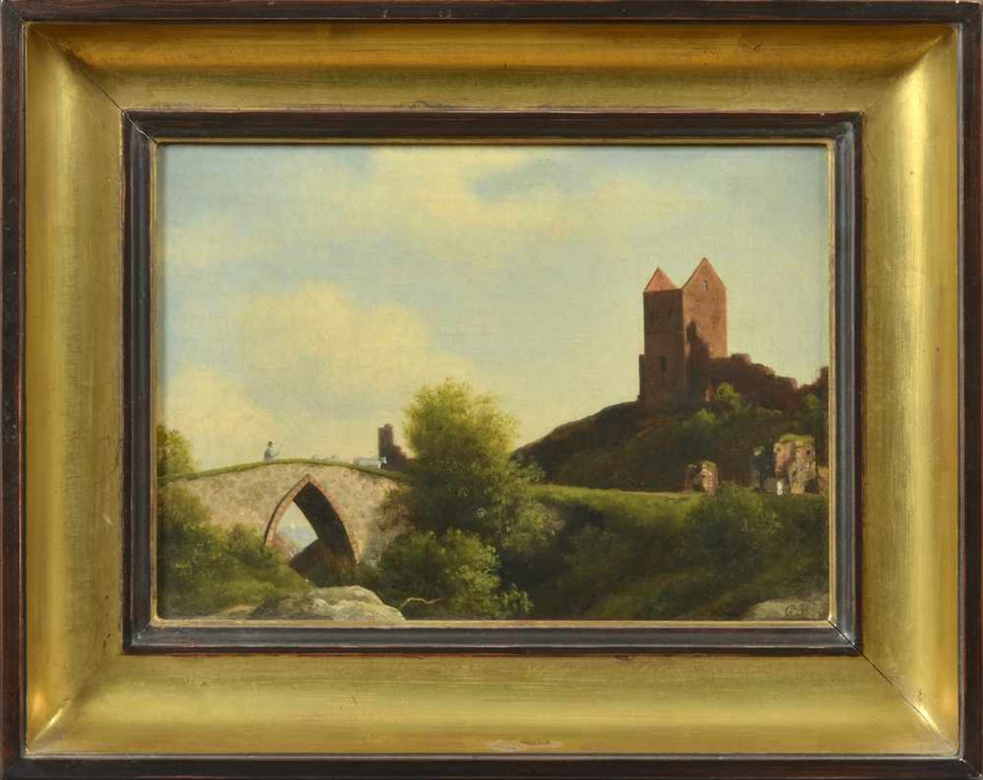 Bille, Carl (1815-1898) "Landschaft mit Brücke und Kirchenruine", 19.Jh., Öl/Leinwand, u.r.monogr./ - Bild 2 aus 4
