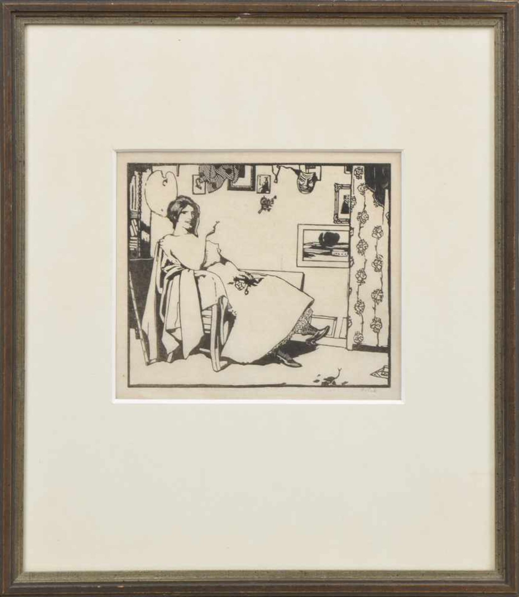 Orlik, Emil (1870-1932) "Rauchendes Modell in Atelier" 1899, Linolschnitt/Probedruck, u.r.sign., - Image 2 of 2