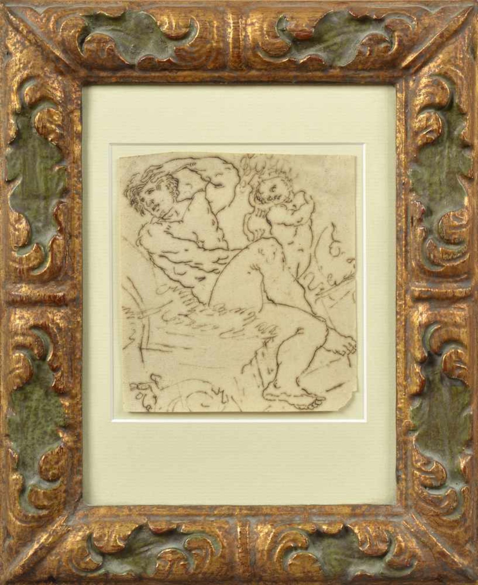 Unsigniert "Ruhender Männerakt", Sepiaradierung, 14x13cm (m.R. 31,5x26cm), leichte Flecken - Bild 2 aus 2