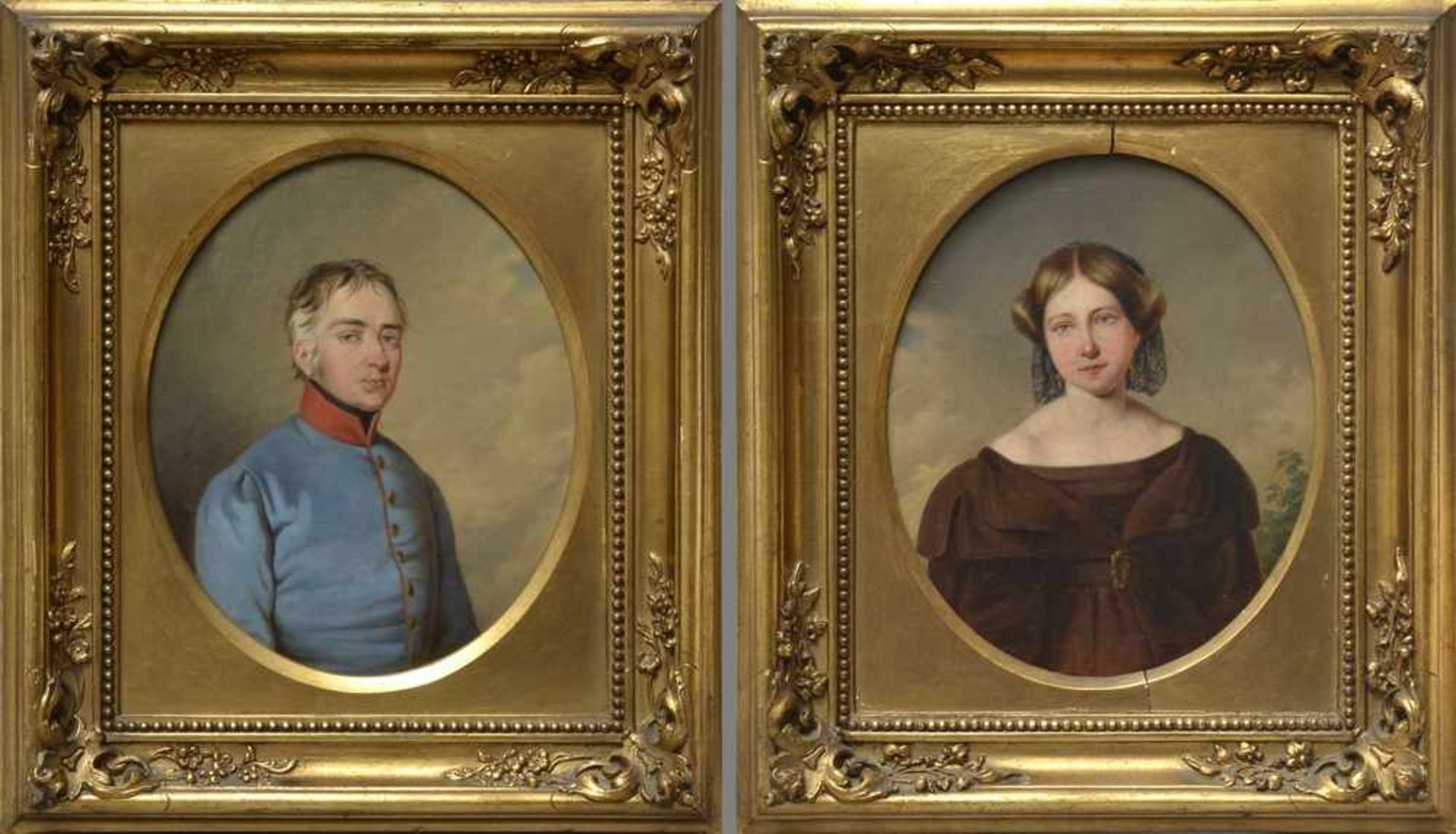 Paar Biedermeier Portraits "Herr im Waffenrock" und "Dame in braunem Kleid", Österreich um 1850/