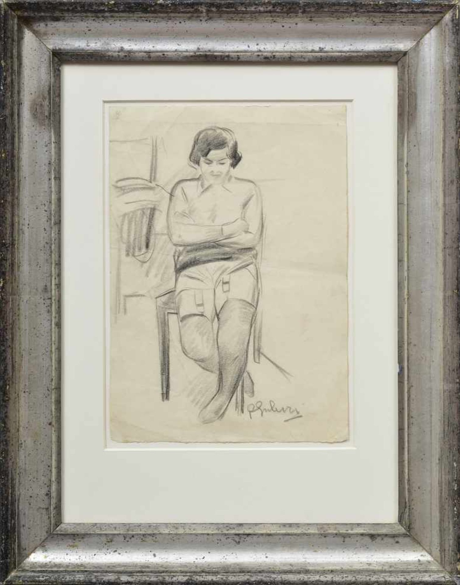 Unleserlich signiert "Sitzende Frau mit Strapsen", Kohle auf Papier, u.r. sign., 31,5x22cm (m.R. - Bild 2 aus 3