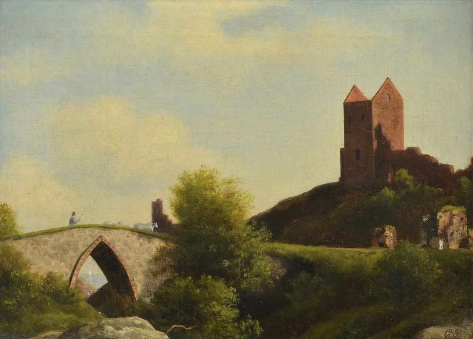 Bille, Carl (1815-1898) "Landschaft mit Brücke und Kirchenruine", 19.Jh., Öl/Leinwand, u.r.monogr./