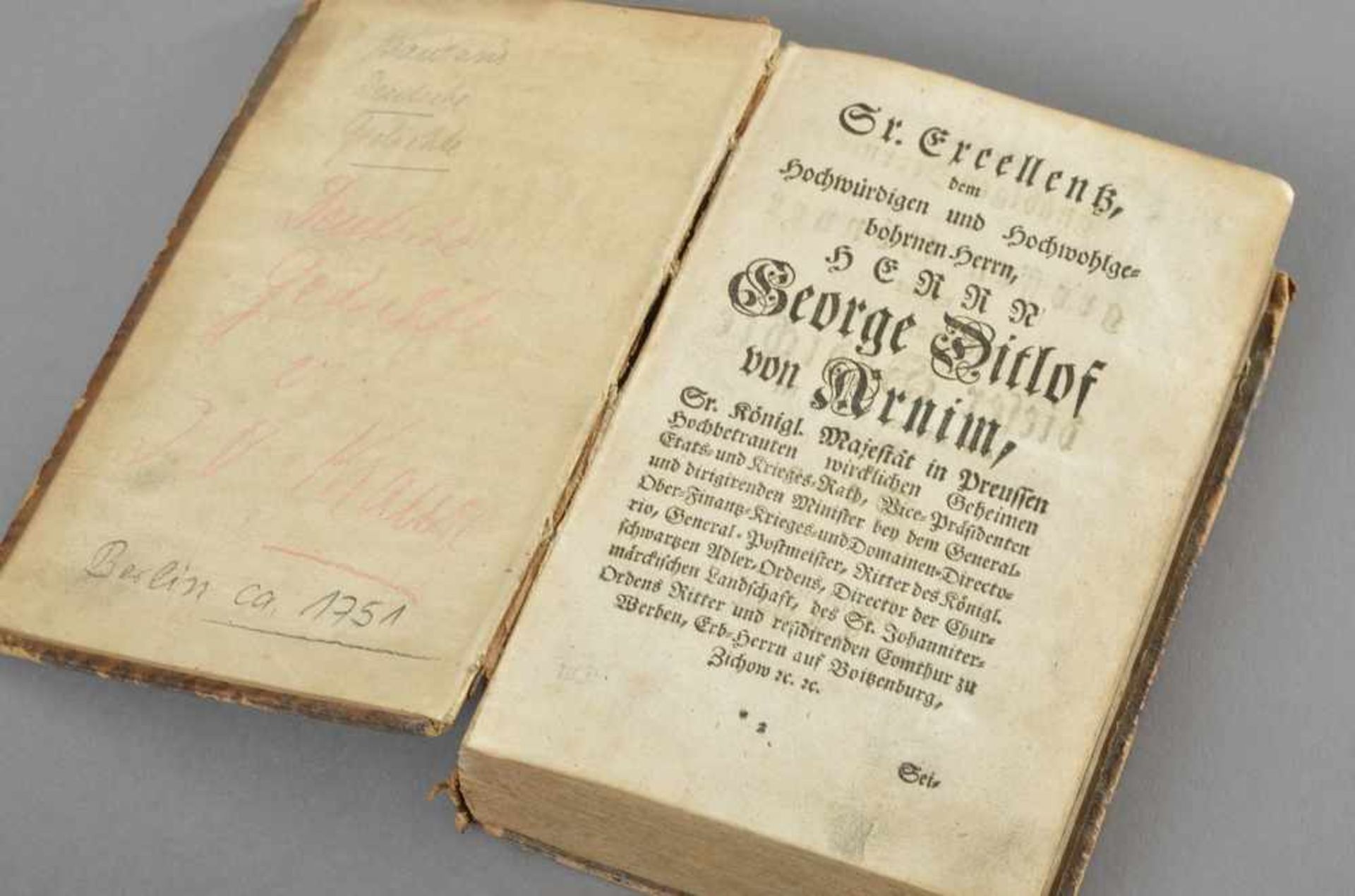 Band J.B. Krause: "Huldigungsgedichte an Georg Ditlof von Arnim, Berlin ca. 1751, Eigenverlag, - Bild 2 aus 4