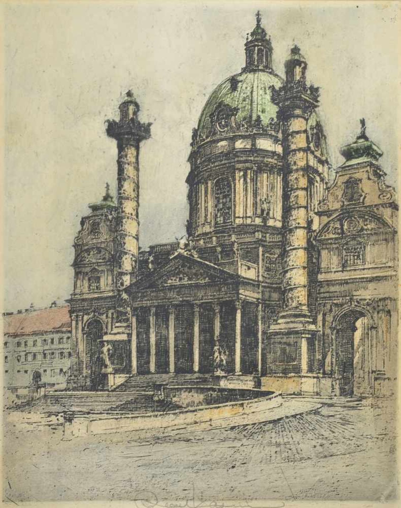Kasimir, Luigi (1881-1962) "Karlskirche", Farbradierung, u.m.sign., 32x26cm (m.R. 48x39,5cm), leicht