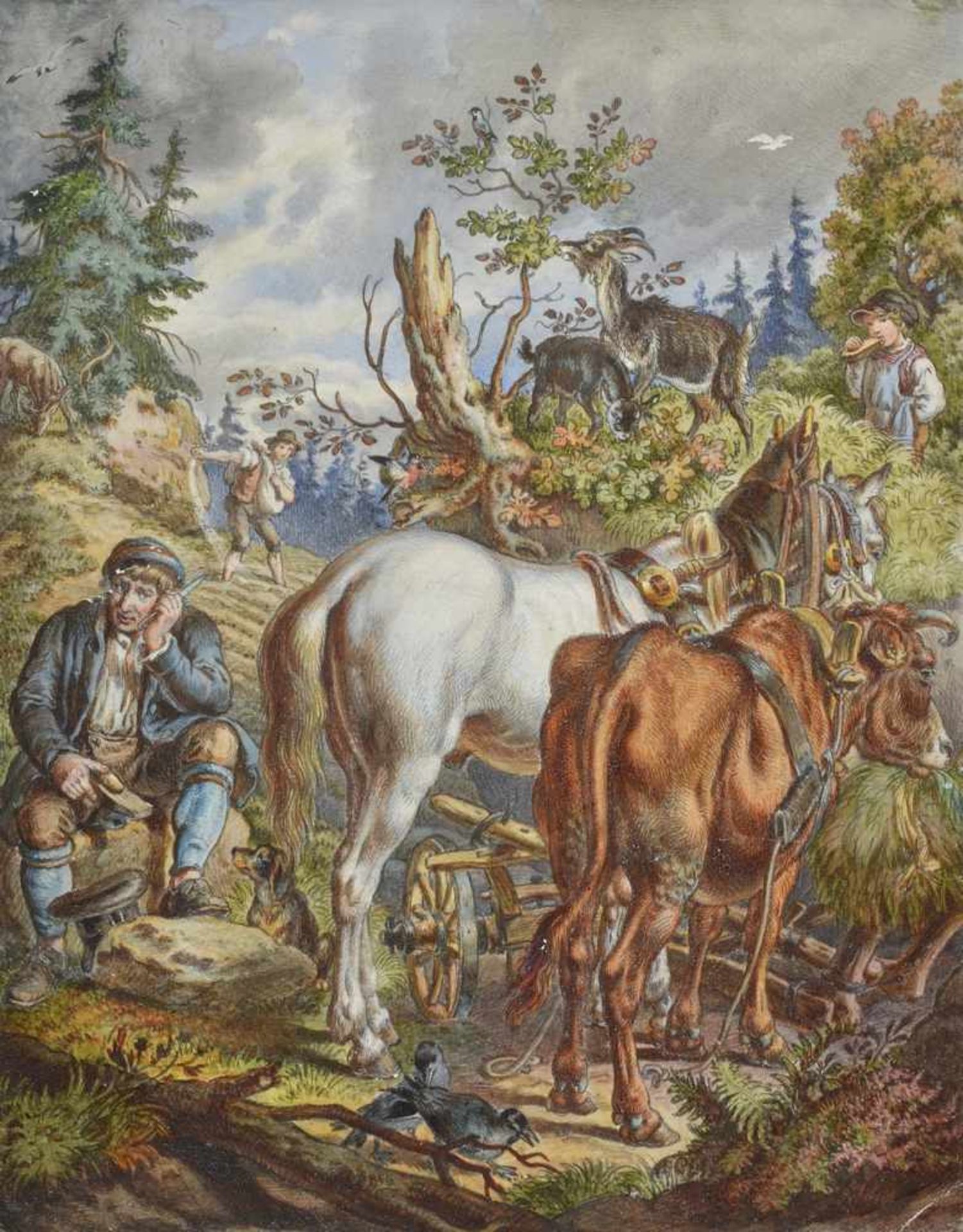 Sachse, Eugen Emil (1828-1887) "Rast in den Bergen", Aquarell/Blei, 20,5x16cm, etwas defekt - Bild 2 aus 3