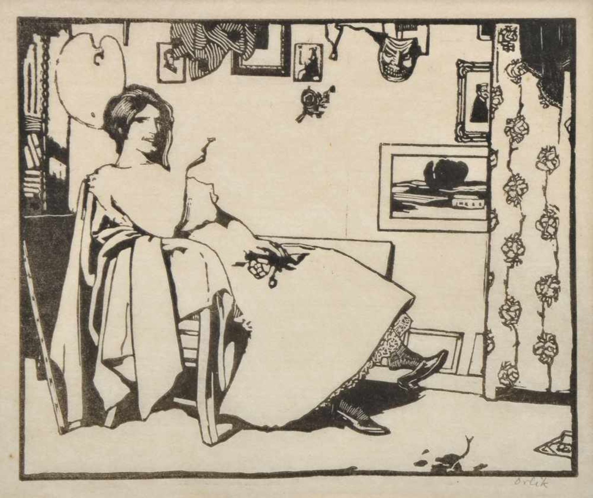 Orlik, Emil (1870-1932) "Rauchendes Modell in Atelier" 1899, Linolschnitt/Probedruck, u.r.sign.,