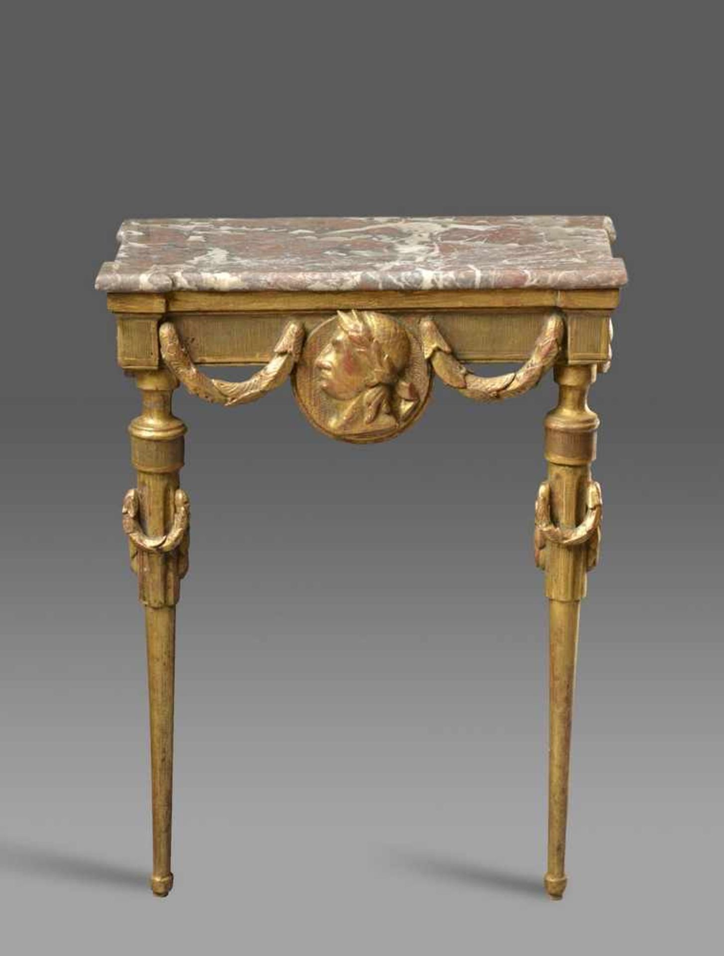 Kleine goldene Louis XVI. Konsole mit figürlichem Medaillon und Girlanden sowie Marmorplatte, Ende