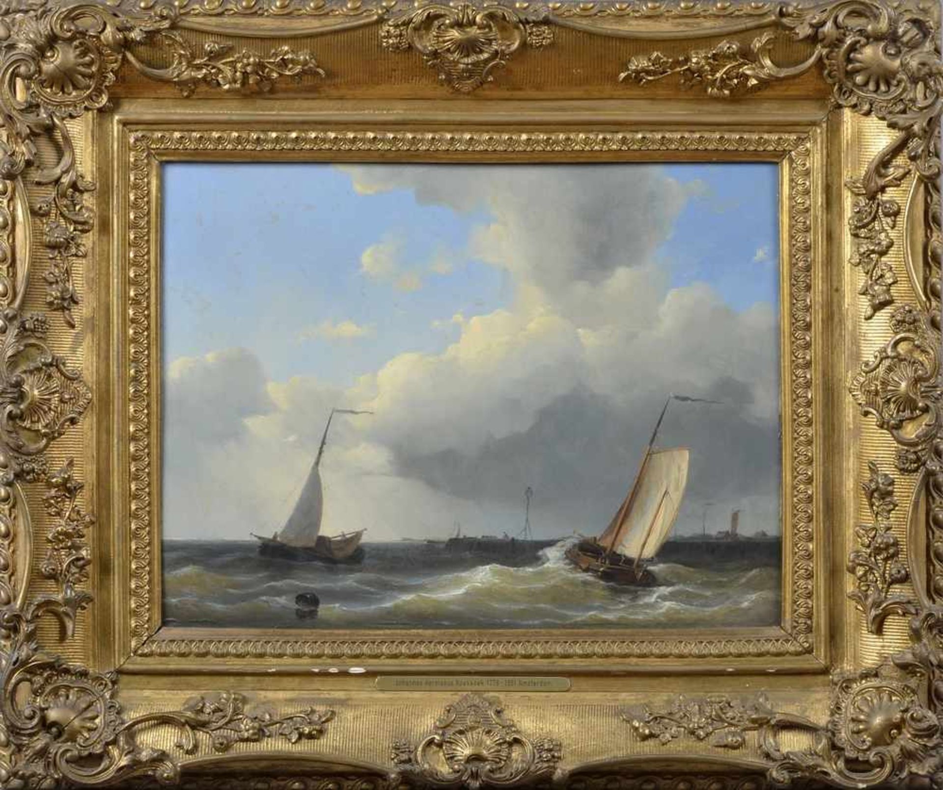Koekkoek, Johannes Hermanus (1778-1851) "Vor der Hafeneinfahrt", Öl/Holz, verso Kleber "Galerie - Bild 2 aus 3