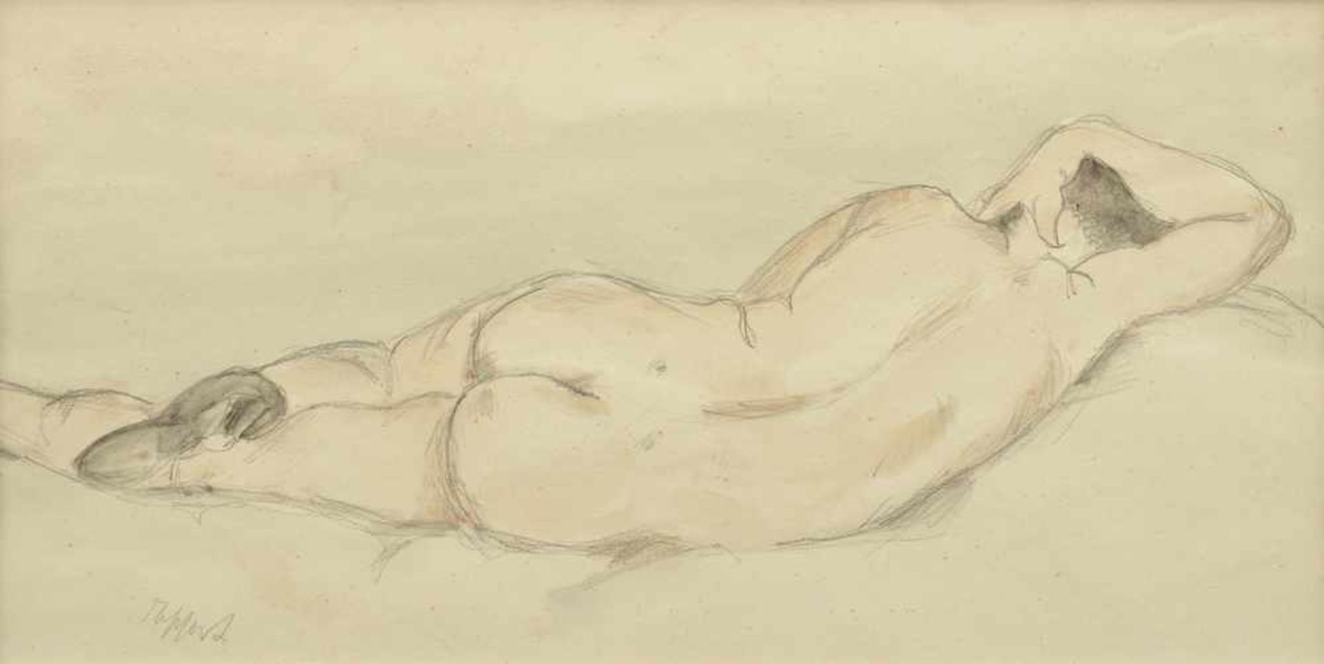 Tappert, Georg (1880-1957) "Liegender Frauenakt", Blei aquarelliert/Papier, u.l.sign., 15x30cm (m.R.