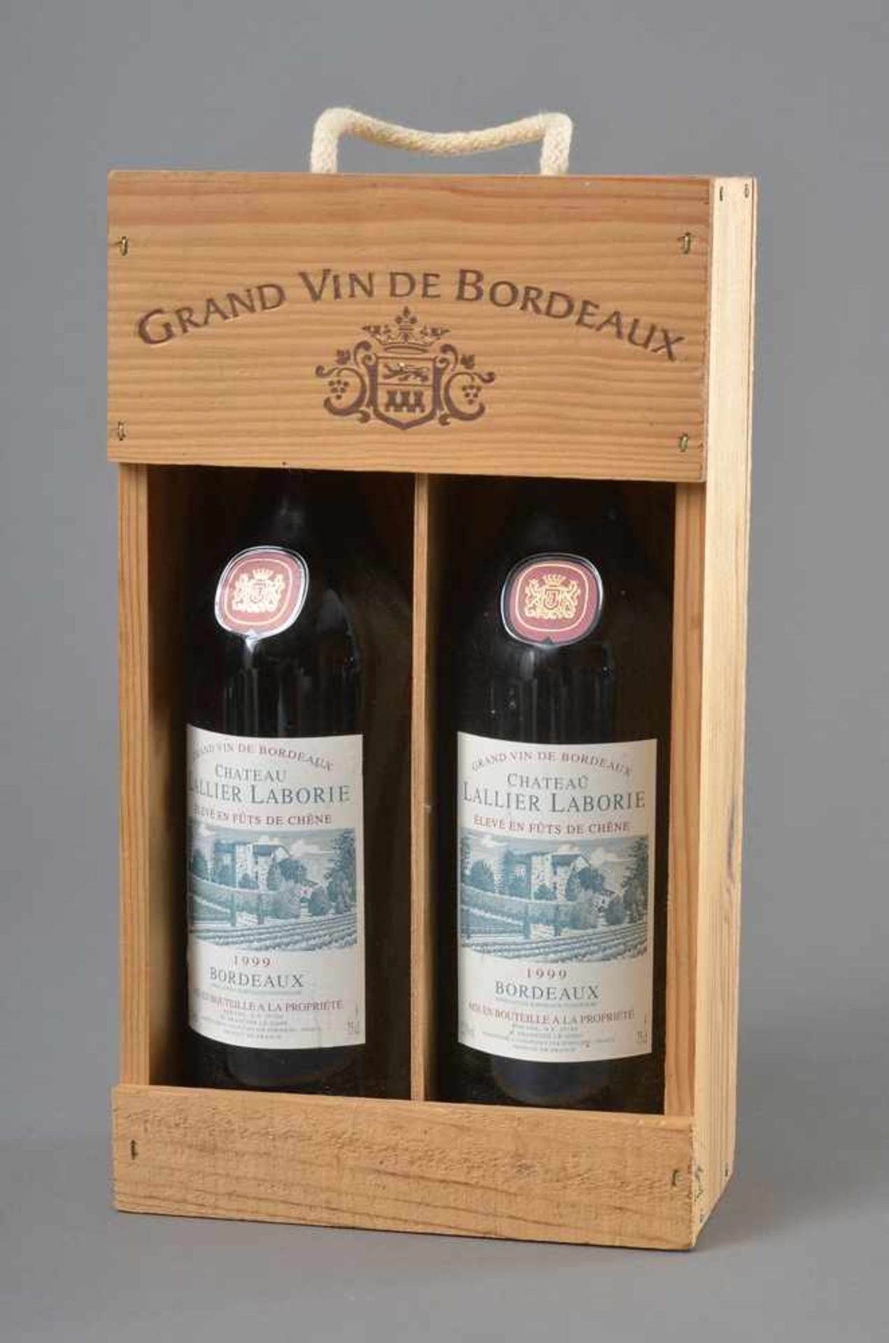 2 Flaschen 1999 Chateau Rallier Laborie, Grand vin de Bordeaux ABC, in Holzkiste