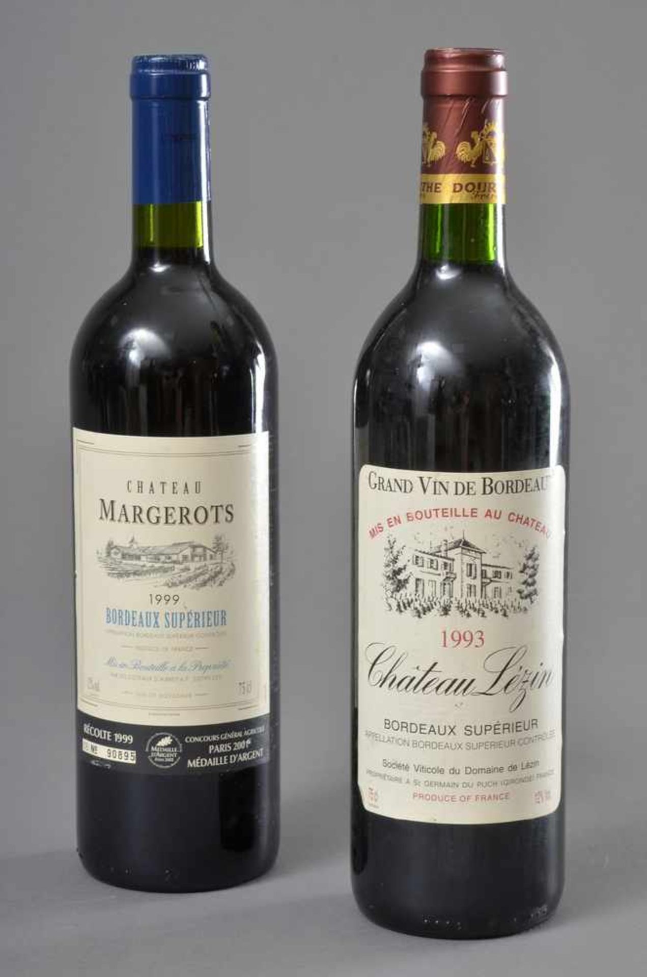 2 Diverse Flaschen französische Rotweine: 1993 Chateau Lézin, Grand vin de Bordeaux Superieur, ABSC,