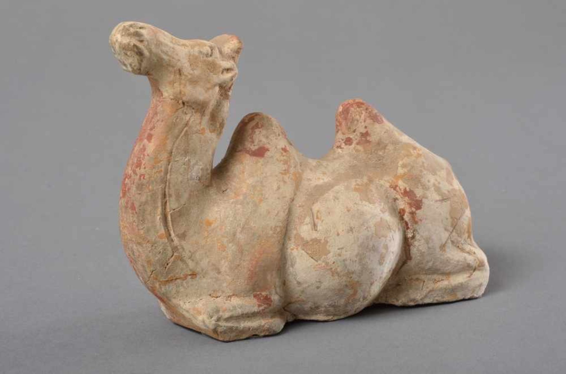 Terracotta "Liegendes Kamel" im Stil der Tang Zeit, Reste von Bemalung, Anhaftung von Erde,