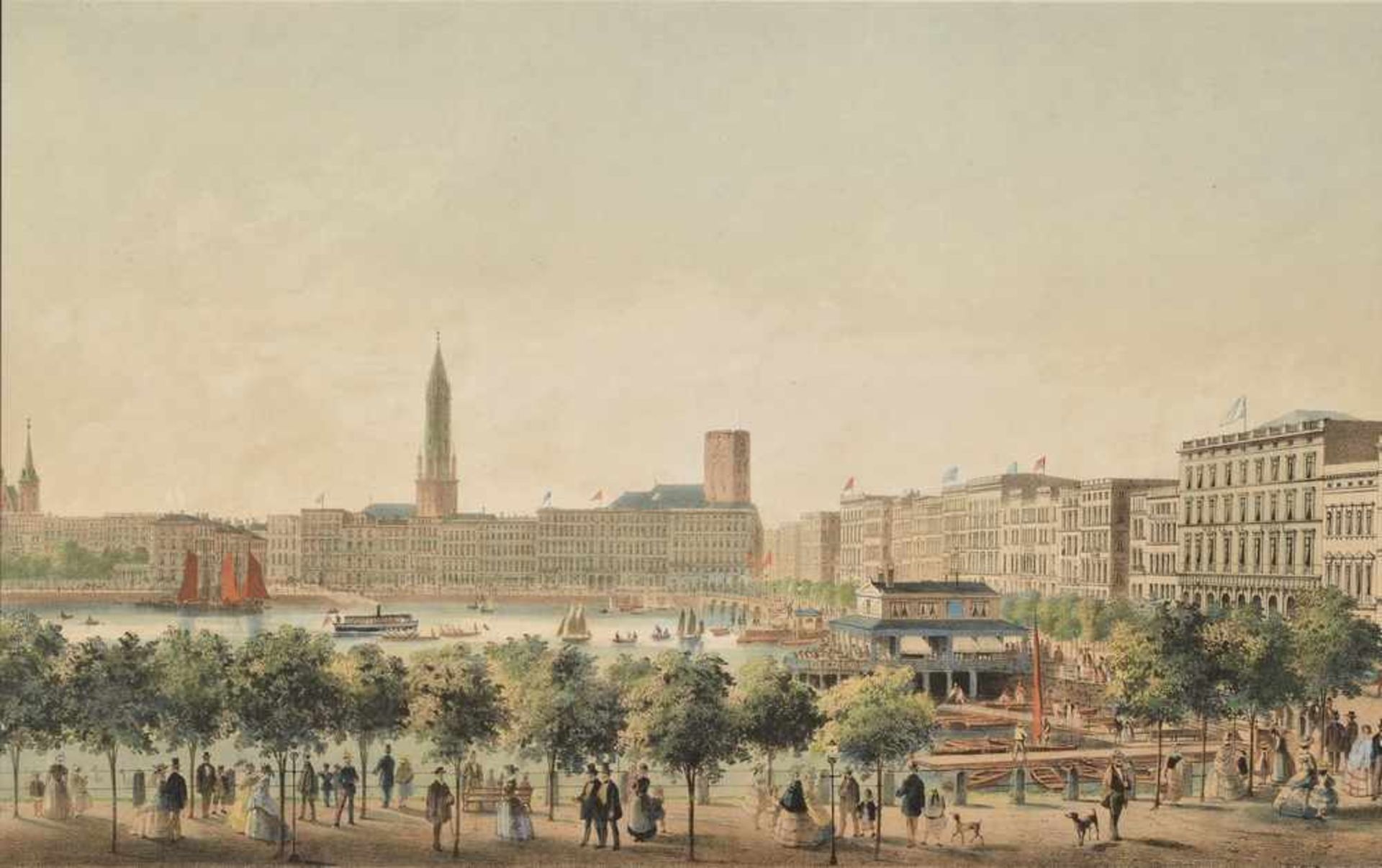 Heuer, Wilhelm (1813-1890) "Hamburg, Jungfernstieg und Alsterdamm", altcolorierte Lithographie mit