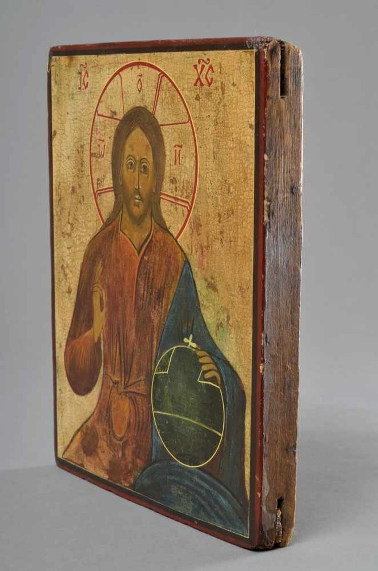 Russische Ikone "Christus Pantokrator als Weltenherrscher", 18.Jh., 29x23cm, rest. - Bild 2 aus 3