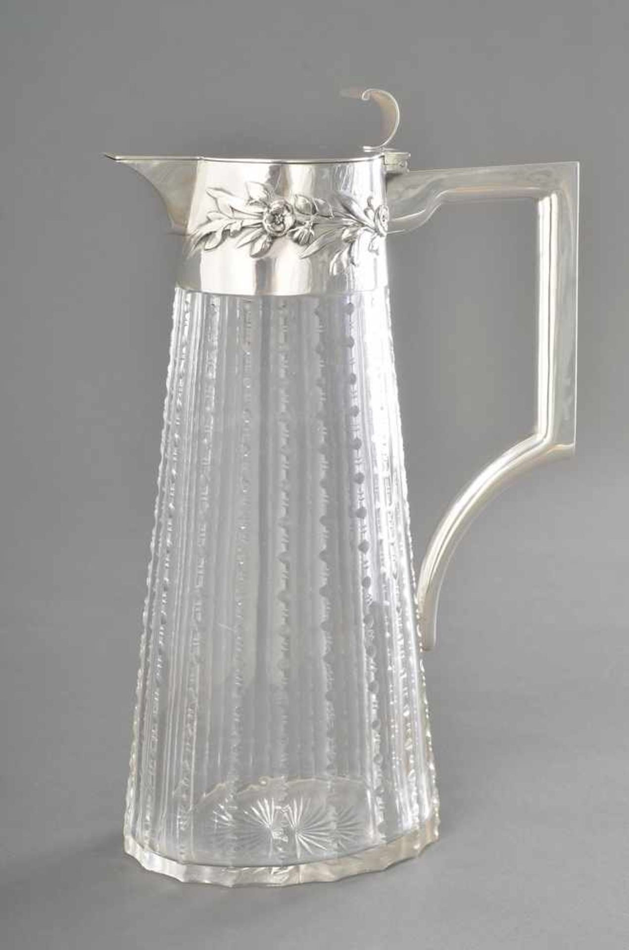 Kristall Schankkanne mit Jugendstil Silber 800 Montierung u. floralem Relief, A. Schollkopf, H.