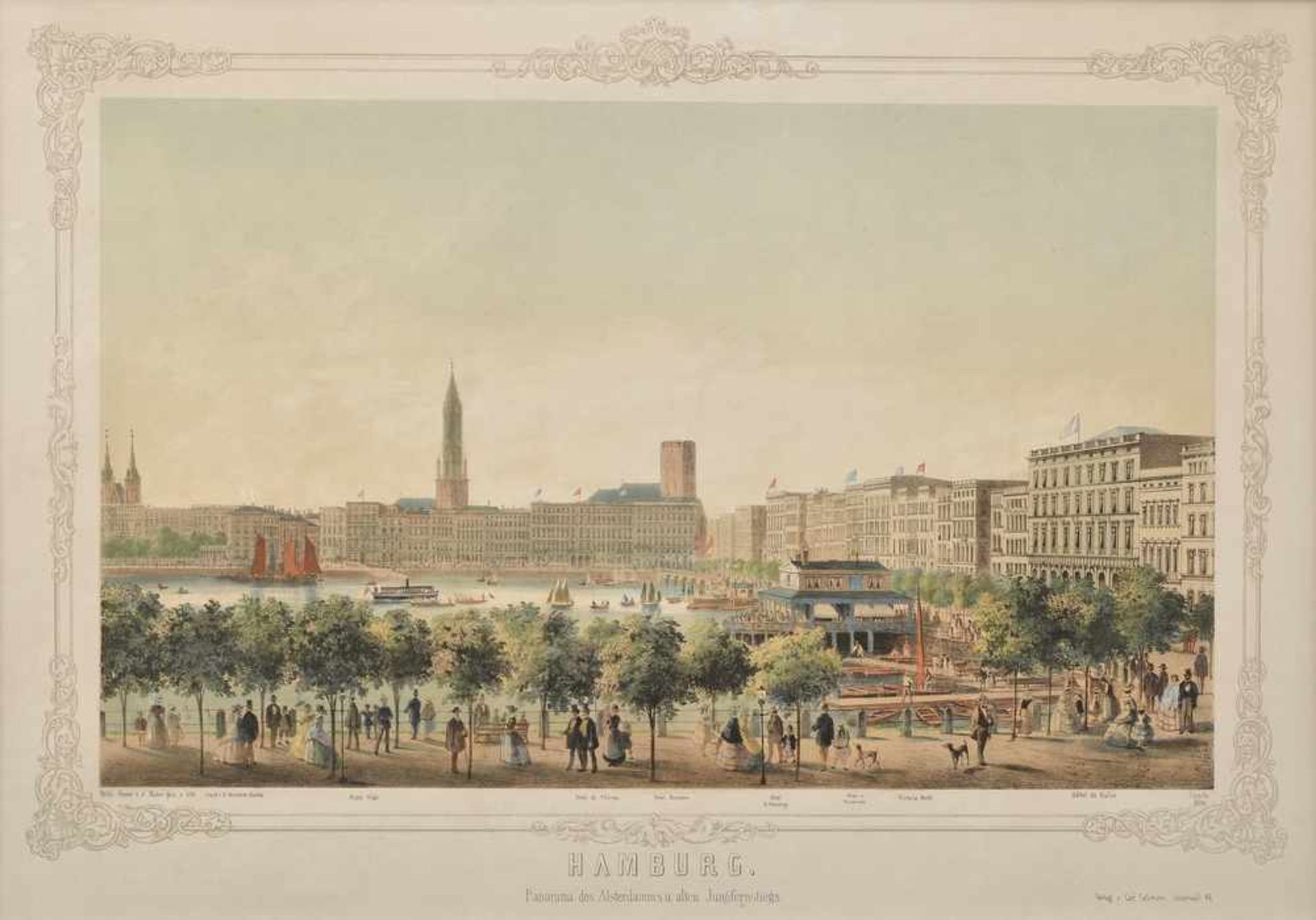 Heuer, Wilhelm (1813-1890) "Hamburg, Jungfernstieg und Alsterdamm", altcolorierte Lithographie mit - Bild 2 aus 2