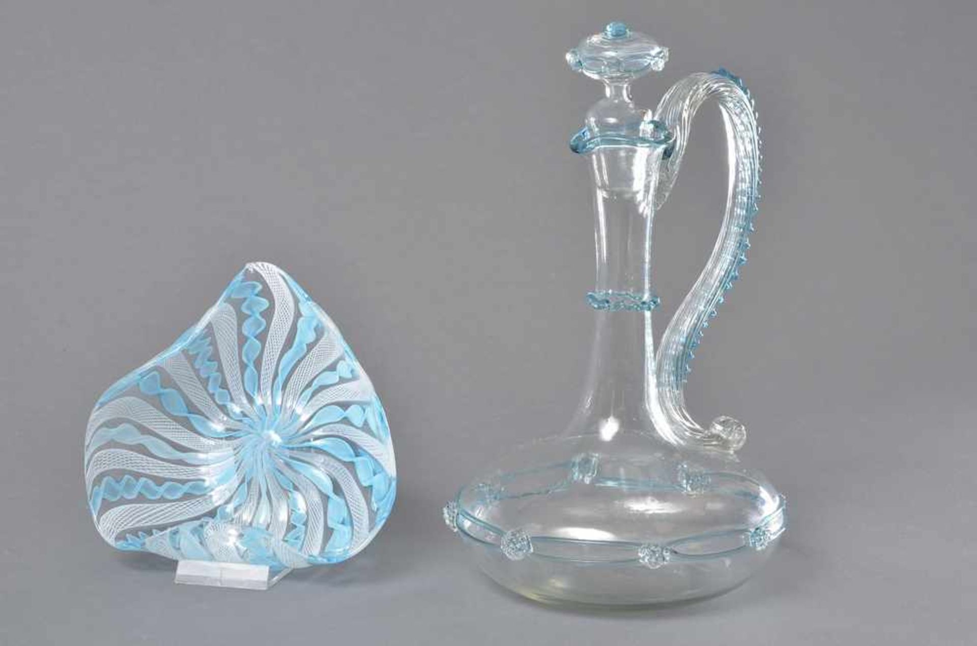 2 Diverse Teile Murano Glas Karaffe und Schale, türkis/weiß, H. 23,5cm