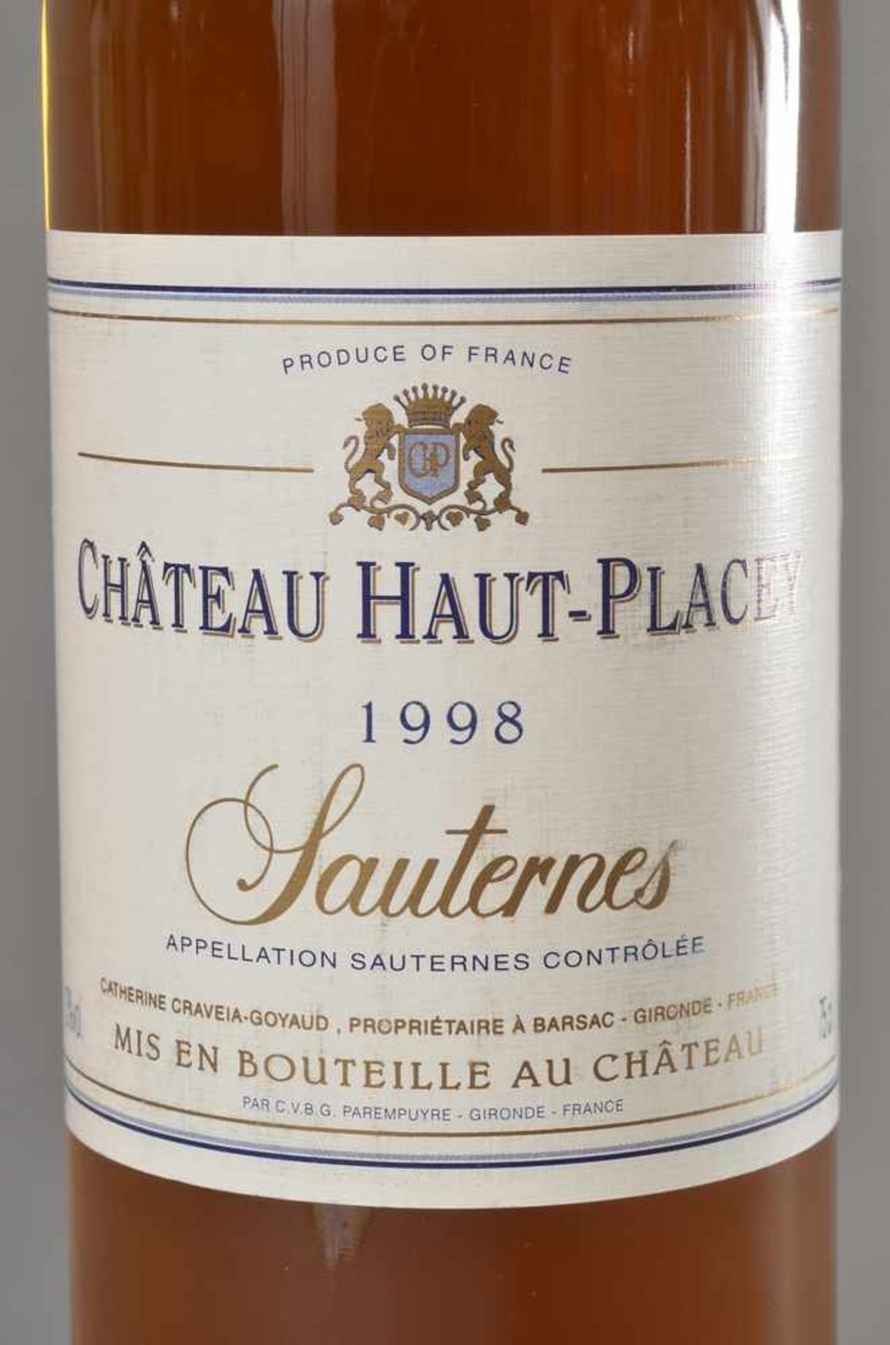 Flasche 1998 Chateau Haut-Placey, Sauternes, Sauternes Süsswein, Frankreich, Schlossabzug, 750ml - Bild 2 aus 4