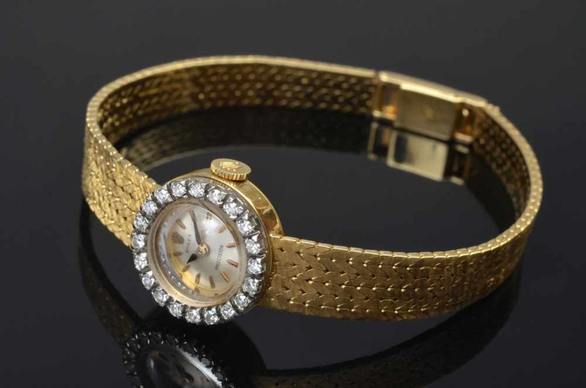 "Rolex" Damen Armbanduhr mit Lunette aus 20 Diamantachtkantsteinen, Handaufzug, gangbar, Gehäuse Nr.