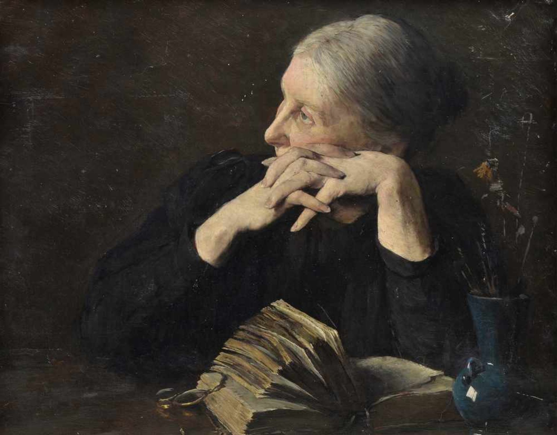 Unsigniert "Sinnende Frau mit Buch", um 1890/1900, Öl/Leinwand, u.l.schwer leserlich sign., 51,