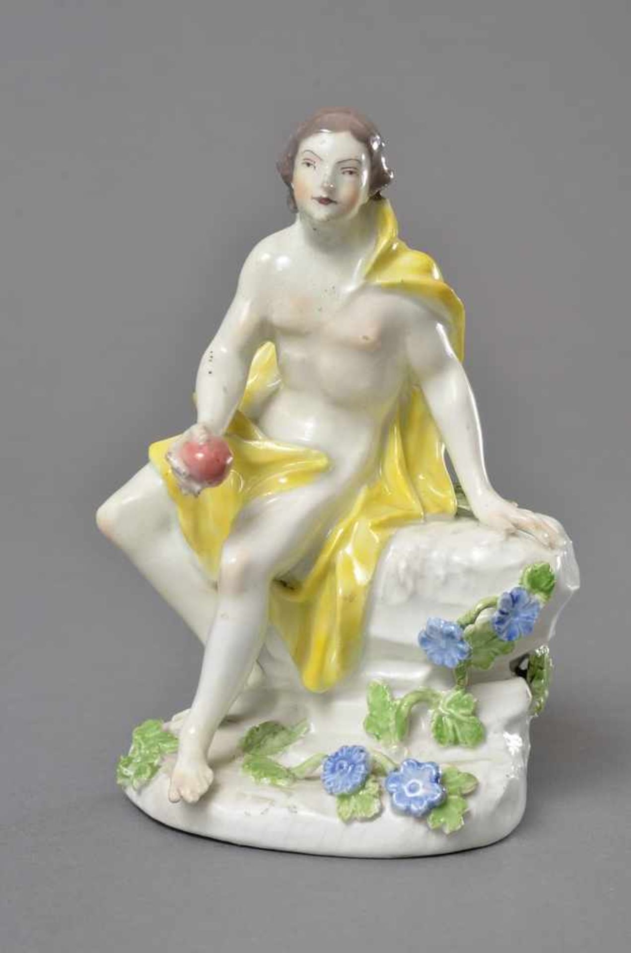 Frühe Meissen Figur "Paris mit dem Apfel" auf naturalistischem Sockel, rücks. Unterglasurblaue