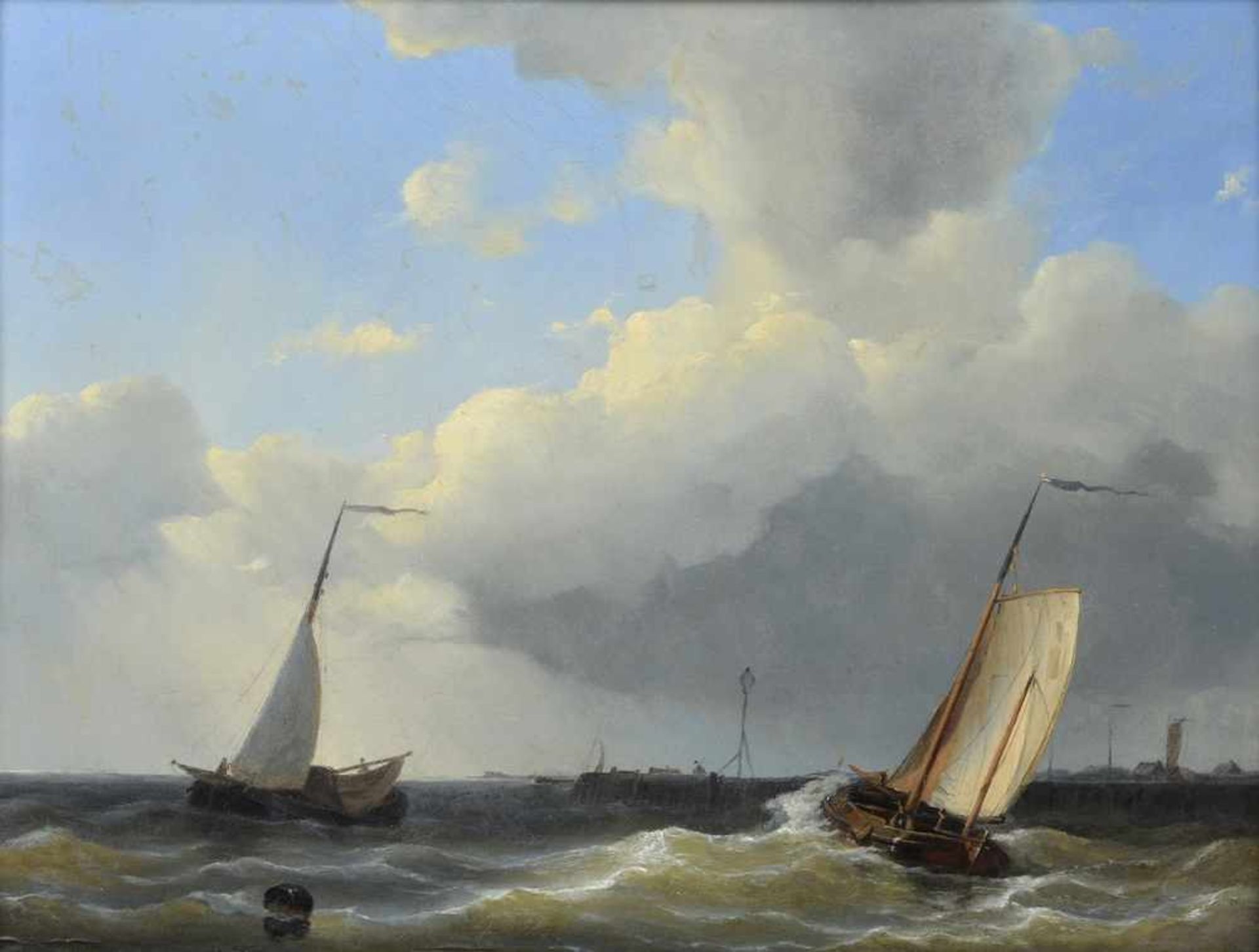 Koekkoek, Johannes Hermanus (1778-1851) "Vor der Hafeneinfahrt", Öl/Holz, verso Kleber "Galerie