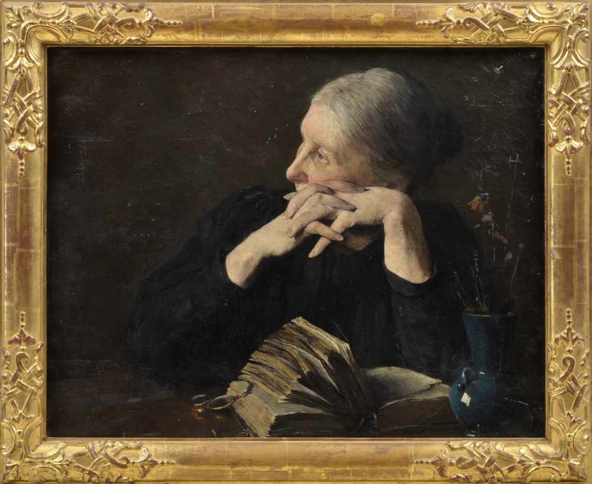 Unsigniert "Sinnende Frau mit Buch", um 1890/1900, Öl/Leinwand, u.l.schwer leserlich sign., 51, - Bild 2 aus 6