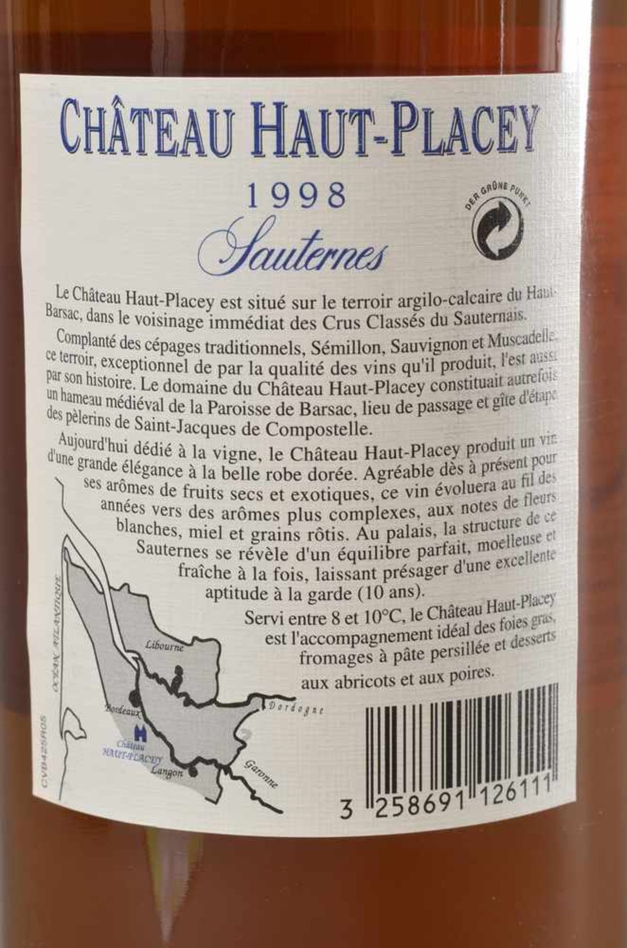 Flasche 1998 Chateau Haut-Placey, Sauternes, Sauternes Süsswein, Frankreich, Schlossabzug, 750ml - Bild 4 aus 4