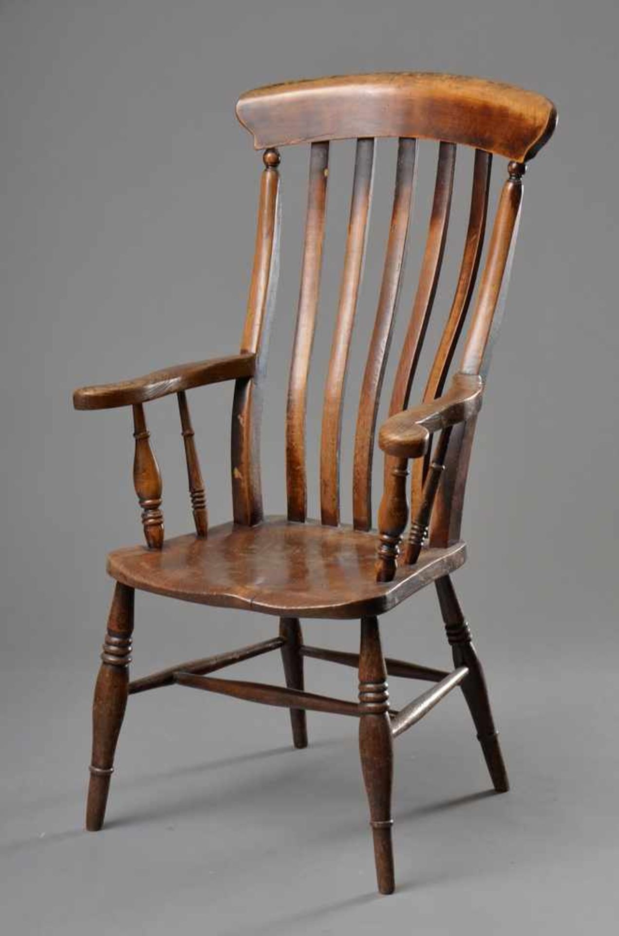Windsor Sessel mit geraden Armlehnen, dunkel gebeiztes Buchenholz mit schöner Patina, England 2.H.
