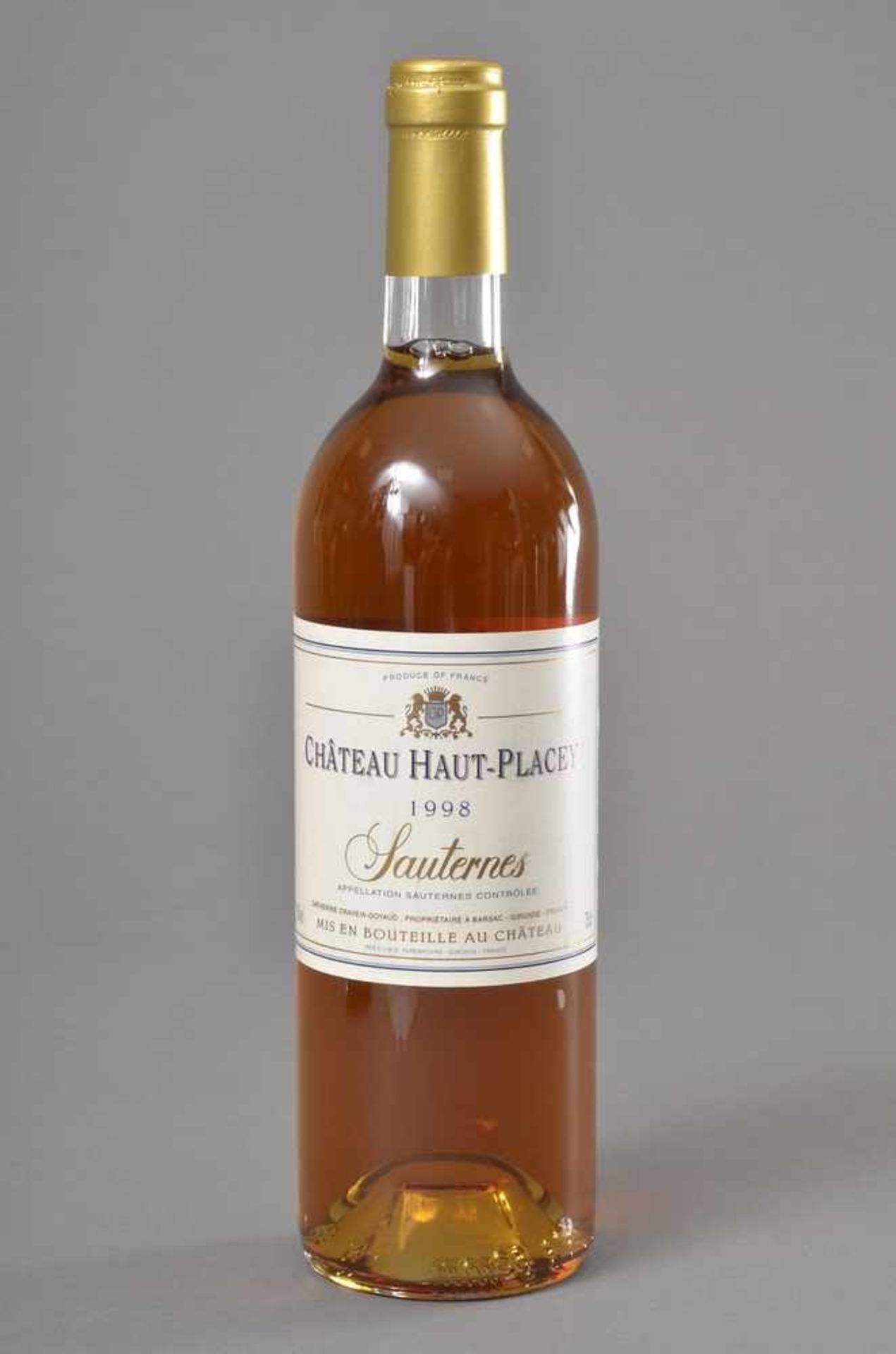 Flasche 1998 Chateau Haut-Placey, Sauternes, Sauternes Süsswein, Frankreich, Schlossabzug, 750ml