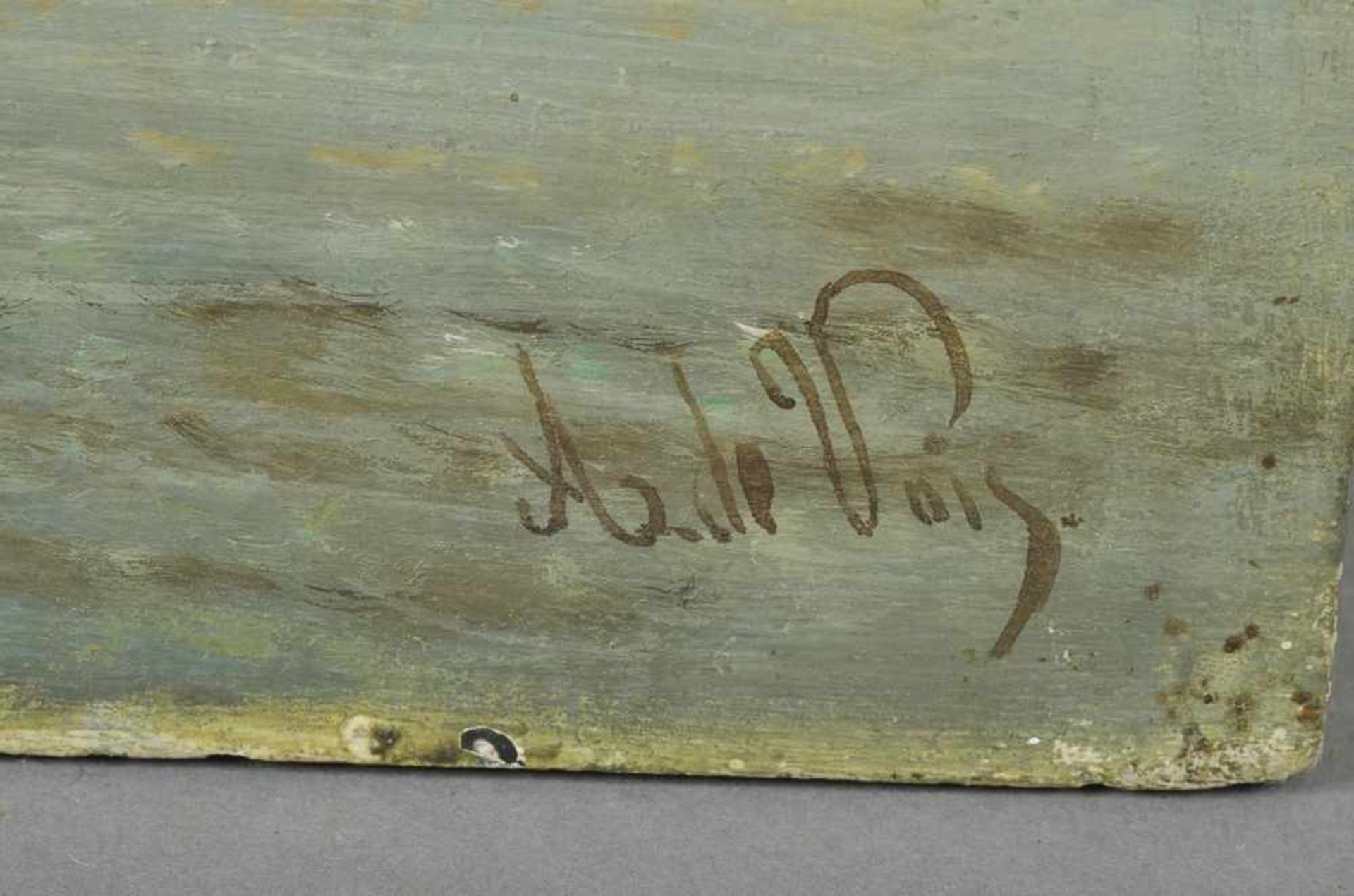 Voys, Ary de (1631-1680) Nachfolge "Kutter auf Reede", Ende 19.Jh., Öl/Holz, u.r.bez., 29x64cm - Bild 2 aus 3