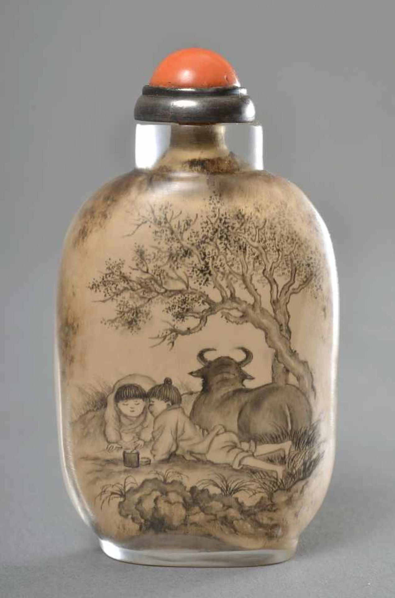 Hochovale Glas Schnupftabakflasche mit Neihua-(Innen-Malerei) mit Text des Künstlers Ma Shaoxuan