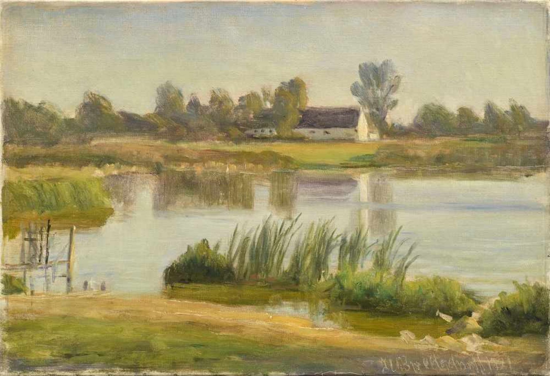 Bredsdorf, Johan Ulrik (1845-1928) "Gehöft am See", Öl/Leinwand, u.r.sign., 29x43cm