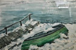 MÜLLER-ZELL W. "Winterruhe", auf den Rücken gelgtes Ruderboot im Schnee, Aquarell, signiert,