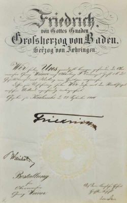URKUNDE für Georg Weiner. unterzeichnet von Friedrich I. Großherzog von Bayern, Siegel, 1916,