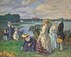 GUTSCHMIDT Richard (1861 Neuruppin - 1926 München) "Damen am See", Frauen beim Blumensammeln mit