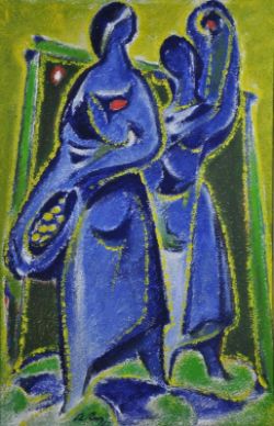RYBICZKA Walter (1911 Waschkowitz - lebt in Kressbronn) "Ernte", abstrahierte Frauen in Blau mit