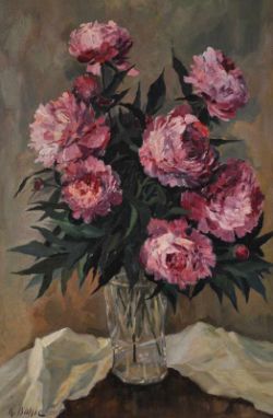 BAHLE Karl (1896 - 1990 Stuttgart) "Pfingstrosen", rosefarbene Blüten in einer Glasvase auf hellem
